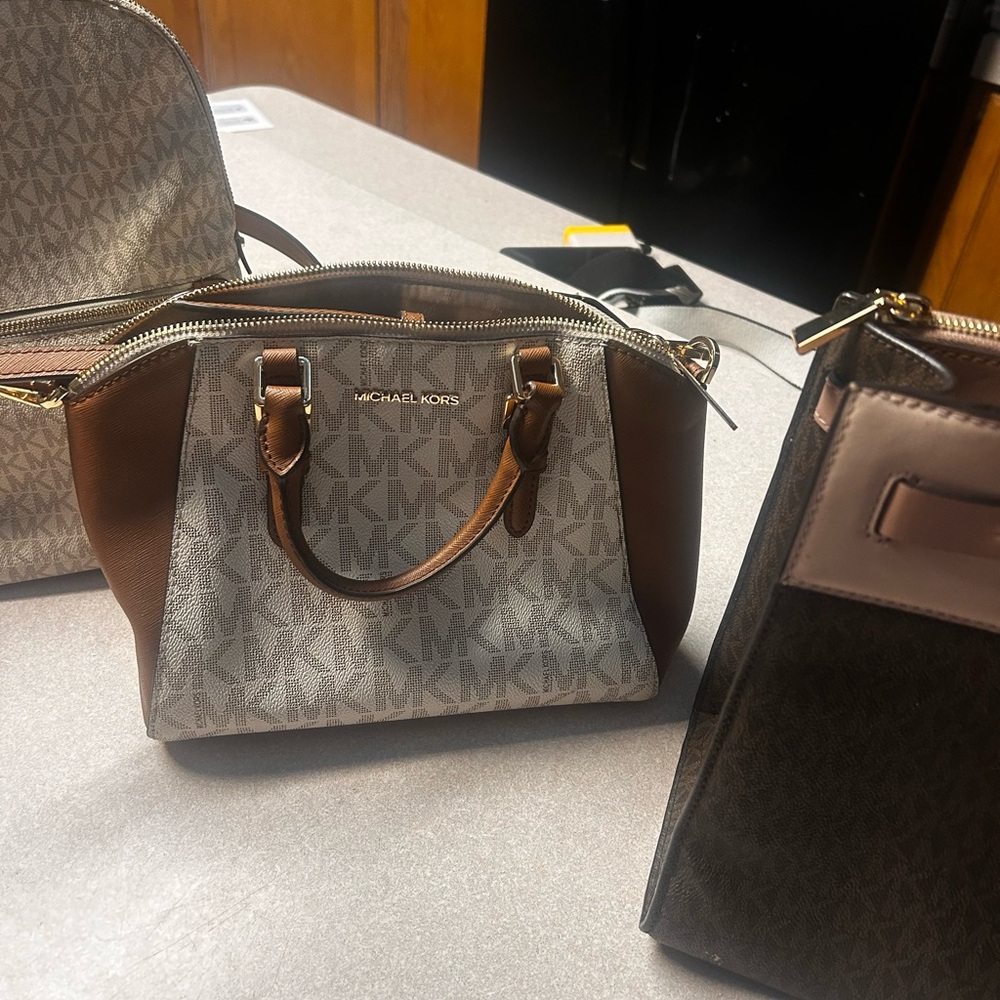 Michael Kors Brown and Cream Satchel with Signature Monogram